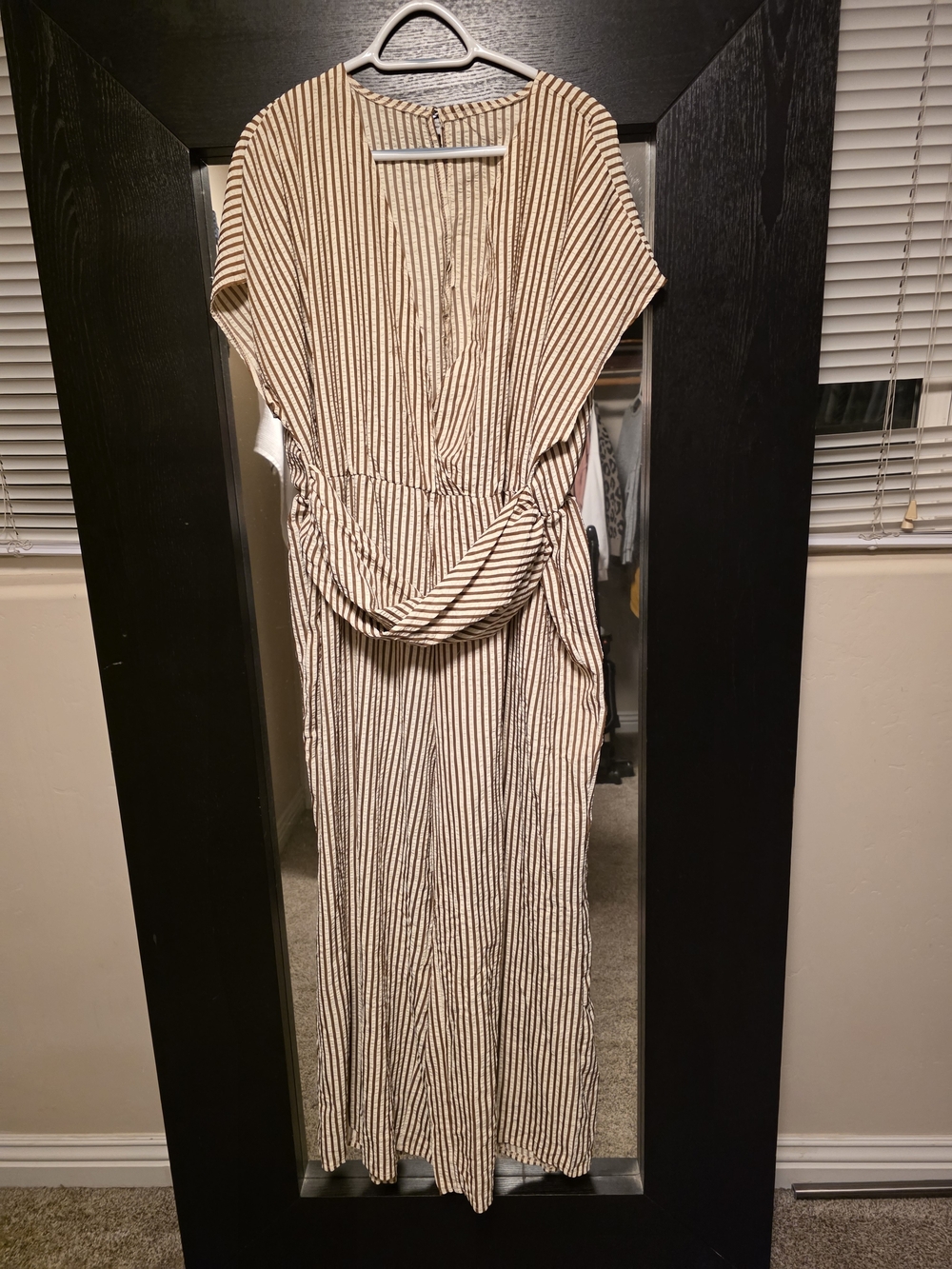 Striped Beige and Black Waist-Tie Maxi Dress